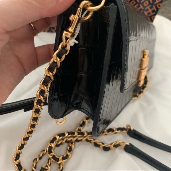 NEW Tory Burch Britten Croc Leather black Chain Wallet Wristlet/crossbody bag - Picture 5 of 7
